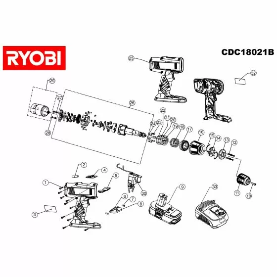 Ryobi CDC18021B Spare Parts List Type: 5133000140